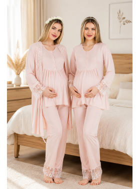 Pudra Dantelli Uzun Kollu Lohusa Hamile Pijama Takımı Sabahlık 33007 Pudra Dantelli Uzun Kollu Lohusa Hamile Pijama Takımı Sabahlık 33007